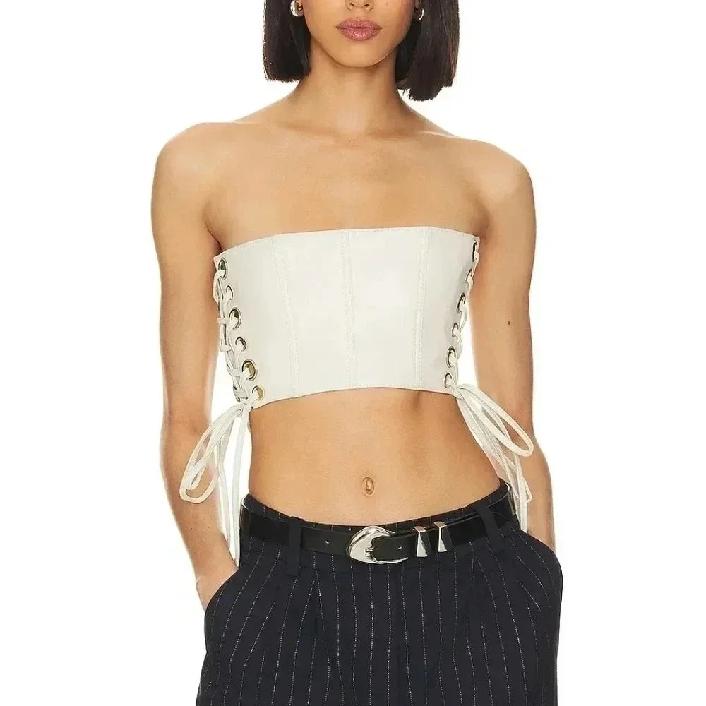 CAMILA COELHO Juliana Leather Crop Tube Top Ivory Laced Sides Boned White XS